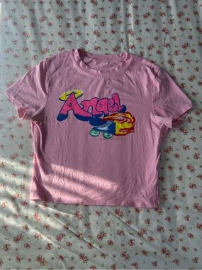 Pink 'Angel' Graphic Crop Baby Tee